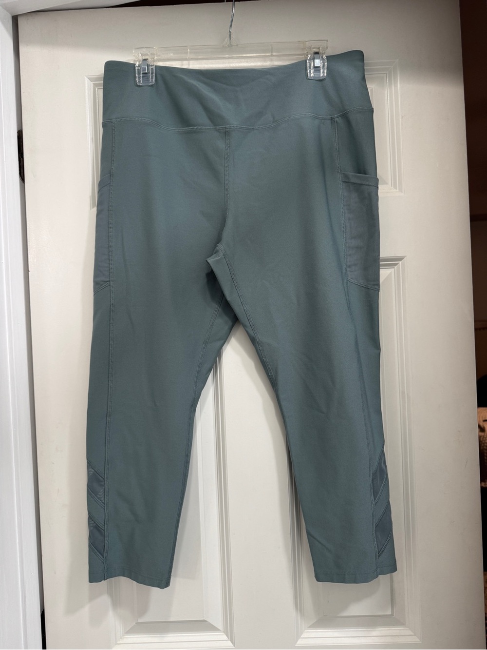 Mondetta Cropped Leggings in Dusty Teal with Logo; mesh accents, performance